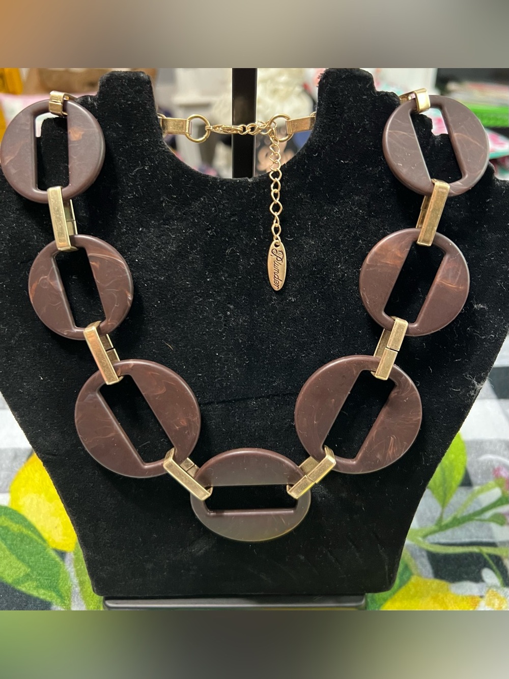 Plunder Chocolate Brown Resin Link Necklace with Gold Accents